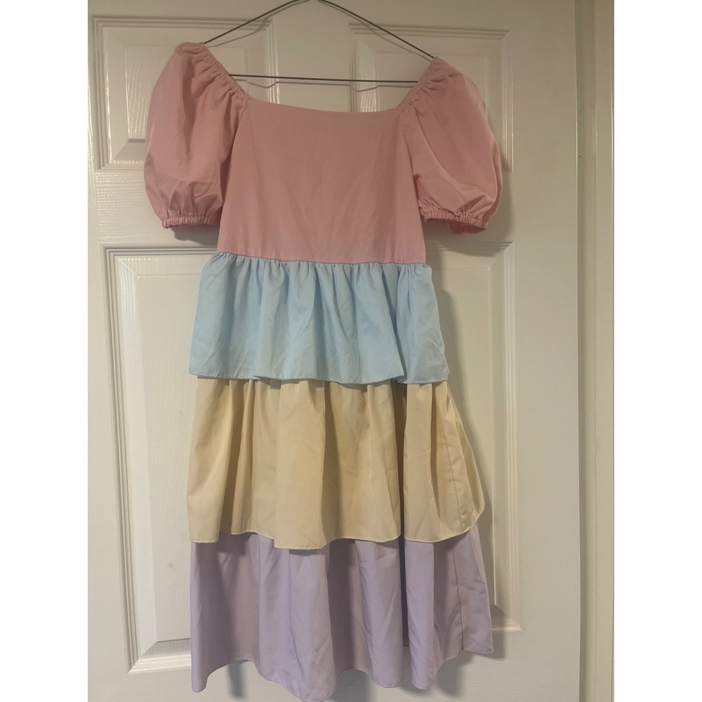 SHEIN Kids Rainbow Tiered Puff Sleeve Square Neck Dress Size 12Y